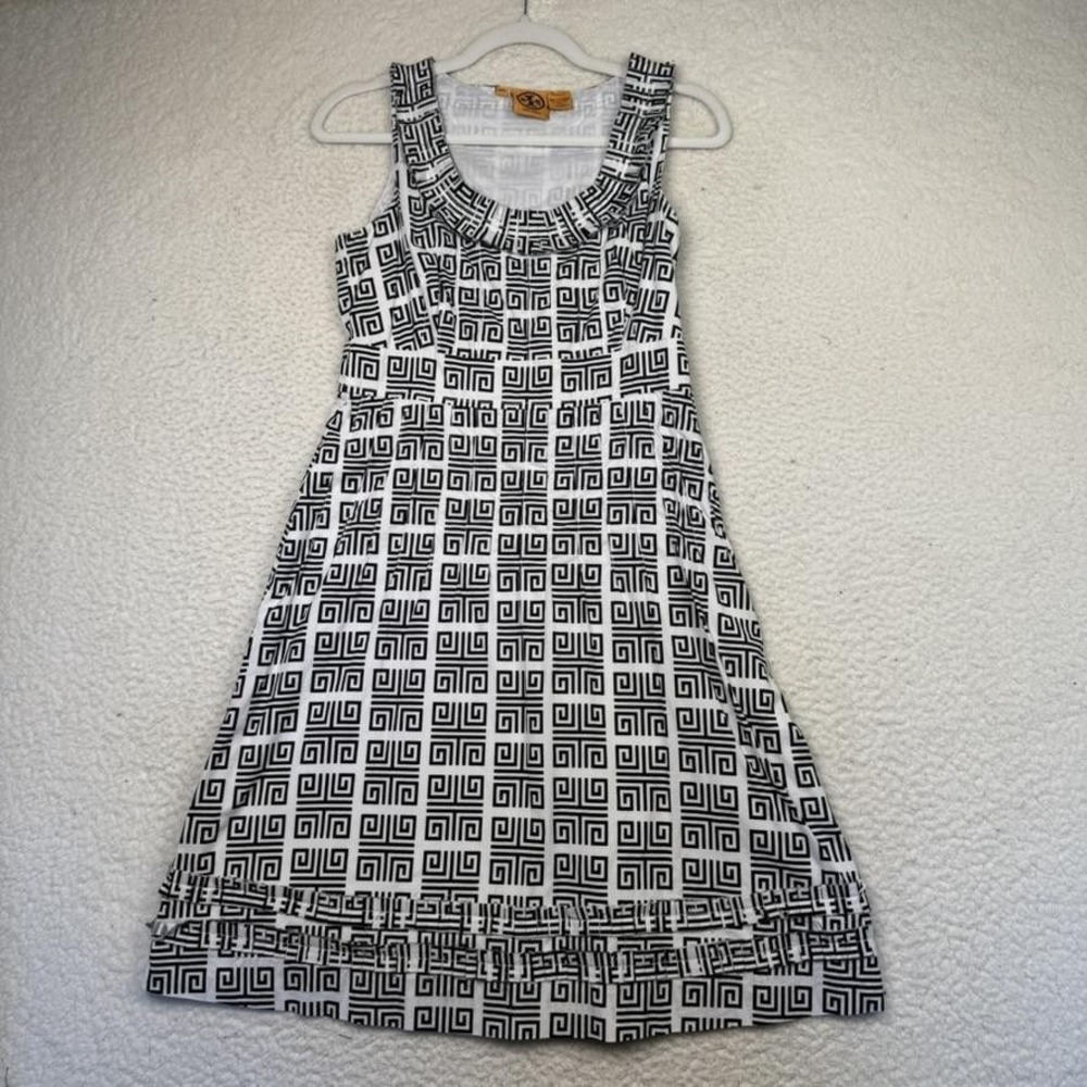 Tory Burch Dress Womens Size 6 Navy White Geometric Sleeveless Zipper Pockets